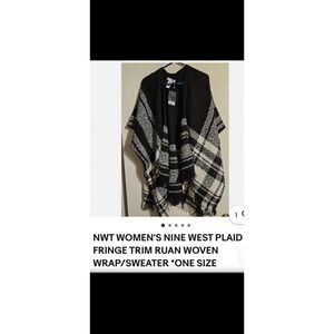 Nine West Black & White Plaid‎ Fringe Poncho Sweater Wrap Capene NWT SZ OS